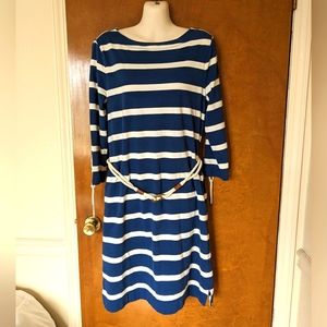 LRL Lauren Ralph Lauren Navy Blue Cream Ivory Stripe 3/4 Length Sleeve Dress